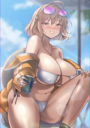 Rule 34 | 1girl, ahoge, anis (nikke), anis (sparkling summer) (nikke), bare shoulders, beach umbrella, between breasts, bikini, black socks, blurry, blurry background, blush, breasts, cameltoe, can, cat hair ornament, cleft of venus, cloud, collarbone, covered erect nipples, day, eyepatch bikini, eyewear on head, goddess of victory: nikke, grin, hair ornament, highres, holding, holding can, huge breasts, jacket, jewelry, knee up, large breasts, light brown hair, long sleeves, looking at viewer, nail polish, navel, necklace, open clothes, open jacket, outdoors, palm leaf, pink-tinted eyewear, short hair, side-tie bikini bottom, sitting, smile, socks, solo, string bikini, sunglasses, sweat, swimsuit, thick thighs, thighs, tinnies, tinted eyewear, twitter username, umbrella, underboob, white bikini, wide hips, yellow eyes, yellow nails