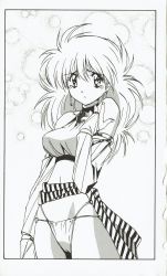 Rule 34 | 1990s (style), 1girl, belt pouch, female focus, highres, jewelry, looking at viewer, monochrome, navel, pouch, rance (series), retro artstyle, screentones, sill plain, solo, tears, thong, upper body, yamashita toshinari