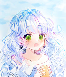Rule 34 | + +, 1girl, bad id, bad pixiv id, bare shoulders, blue dress, blue sky, blush, cloud, cloudy sky, collarbone, day, dress, earrings, green eyes, highres, holding, jewelry, long hair, looking at viewer, mamel 27, off-shoulder dress, off shoulder, open mouth, original, outdoors, round teeth, silver hair, sky, solo, teeth, upper teeth only