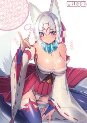Rule 34 | 1girl, animal ears, bad id, bad twitter id, bare shoulders, black thighhighs, breasts, bridal gauntlets, cleavage, colored eyelashes, detached sleeves, facial mark, female pervert, fox ears, fox shadow puppet, fox tail, hair between eyes, hair ornament, huge breasts, mel/a, \\n/, original, panties, pervert, purple eyes, sarashi, silver hair, sitting, sketch, slit pupils, solo, tail, thighhighs, thought bubble, underwear, wariza, white panties