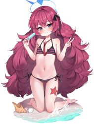 Rule 34 | 1girl, 2drr, bare arms, bare legs, bare shoulders, barefoot, big hair, bikini, black ribbon, blue archive, blush, commentary request, conch, flat chest, food, full body, gluteal fold, grin, hair between eyes, hair ribbon, halo, head tilt, holding, holding food, iroha (blue archive), kneeling, long hair, navel, necktie, paid reward available, popsicle, purple eyes, red hair, red necktie, ribbon, seashell, shell, side-tie bikini bottom, simple background, smile, solo, starfish, striped bikini, striped clothes, swimsuit, very long hair, water, white background