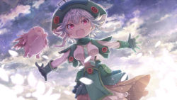 Rule 34 | 1girl, breasts, curly hair, dutch angle, gloves, green gloves, green hat, hat, highres, looking at viewer, made in abyss, medium breasts, meinya (made in abyss), open mouth, outstretched arms, prushka, red eyes, satomi (black scarecrow), shirt, short hair, solo, spread arms, white hair, white shirt