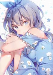 Rule 34 | 1girl, absurdres, bare shoulders, blue dress, blue eyes, blue nails, bow, breasts, dress, dsmile, fingernails, floral print, flower, hair bow, highres, knees up, long hair, looking at viewer, medium breasts, nail polish, open mouth, original, scan, simple background, sitting, solo