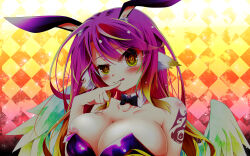 Rule 34 | 1girl, :q, angel, angel wings, animal ears, bare shoulders, bird ears, blush, breasts, cleavage, collarbone, commentary request, cross, feathered wings, gradient eyes, gradient hair, highres, jibril (no game no life), large breasts, leotard, licking lips, long hair, looking at viewer, mii aki, multicolored eyes, multicolored hair, naughty face, nipple slip, nipples, no game no life, orange eyes, pink hair, playboy bunny, purple leotard, rabbit ears, solo, symbol-shaped pupils, tattoo, tongue, tongue out, wing ears, wings, yellow eyes