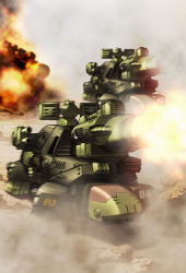 Rule 34 | cannon tortoise, dust, energy beam, explosion, fire, highres, mecha, mercy rabbit, robot, smoke, zoids