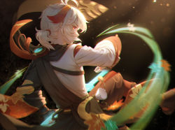 Rule 34 | 1boy, absurdres, antenna hair, black gloves, covered mouth, feet out of frame, fighting stance, from side, genshin impact, gloves, glowing, glowing sword, glowing weapon, hair between eyes, hair over mouth, highres, kaedehara kazuha, layered clothes, leaf, leaf print, leg up, light particles, looking afar, male focus, maple leaf, motion blur, multicolored hair, naglus, outstretched arm, pants, pants tucked in, ponytail, profile, ready to draw, red eyes, red hair, sash, sidelocks, solo, streaked hair, tassel, weapon, white hair