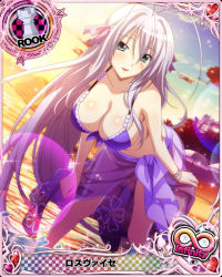 Rule 34 | 1girl, antenna hair, aqua eyes, beach, beach umbrella, bikini, bracelet, breasts, card (medium), character name, chess piece, cleavage, hair between eyes, hair ribbon, high school dxd, high school dxd infinity, jewelry, large breasts, leaning forward, long hair, looking at viewer, ocean, official art, open mouth, purple bikini, ribbon, rook (chess), rossweisse, sarong, silver hair, smile, solo, sunset, swimsuit, trading card, umbrella, very long hair, wading, water
