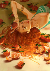 Rule 34 | 1girl, absurdres, avenoirn, bikini, bracelet, breasts, food, fruit, happy birthday, highres, holding, holding food, holding fruit, jewelry, lying, mandarin orange, nami (one piece), necklace, on back, one piece, orange (fruit), orange eyes, orange hair, orange slice, parted bangs, striped bikini, striped clothes, swimsuit