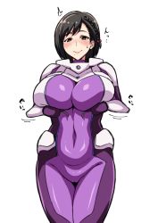 Rule 34 | 1girl, black hair, blush, bodysuit, braid, breast hold, breasts, brown eyes, cameltoe, kanata no astra, large breasts, mole, mole under mouth, parted bangs, purple bodysuit, short hair, simple background, solo, tawashi1623, white background, yunhua lu
