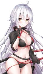 Rule 34 | &gt;:), 1girl, absurdres, belt, belt buckle, bikini, black belt, black bikini, black choker, black gloves, black jacket, blush, breasts, brown eyes, buckle, choker, cleavage, closed mouth, commentary request, fate/grand order, fate (series), gloves, gluteal fold, hair between eyes, hand up, highres, hiyoko (pixiv16803940), jacket, jeanne d&#039;arc alter (swimsuit berserker) (fate), jeanne d&#039;arc (fate), jeanne d&#039;arc alter (fate), jeanne d&#039;arc alter (swimsuit berserker) (fate), katana, long hair, long sleeves, looking at viewer, medium breasts, navel, o-ring, o-ring belt, o-ring bikini, o-ring bottom, o-ring top, sheath, sheathed, shrug (clothing), sidelocks, silver hair, simple background, smile, solo, swimsuit, sword, v-shaped eyebrows, very long hair, weapon, white background