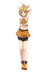 Rule 34 | 1girl, ahoge, arm behind back, arm behind head, arm up, armpits, bike shorts, black shorts, blonde hair, bow, collarbone, crop top, full body, hair between eyes, hair ornament, hairband, highres, kagamine rin, looking at viewer, midriff, miniskirt, navel, pleated skirt, project diva (series), short hair, shorts, shorts under skirt, simple background, sing&amp;smile (vocaloid), skirt, solo, standing, stomach, strapless, swept bangs, tsukishiro saika, vocaloid, white background, white hairband, yellow bow, yellow footwear, yellow skirt