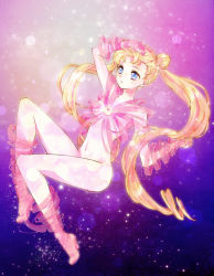 Rule 34 | 1girl, arm up, bad id, bad pixiv id, bishoujo senshi sailor moon, blonde hair, blue eyes, breasts, brooch, censored, convenient censoring, detransformation, double bun, full body, hair bun, henshin, jewelry, light particles, long hair, magical girl, multicolored eyes, naked ribbon, nude, purple background, ribbon, sami (3a3i3a3i), solo, sparkle, tsukino usagi, twintails, very long hair