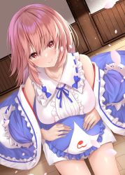 Rule 34 | 1girl, blue kimono, breasts, closed mouth, dutch angle, hat, highres, holding, holding clothes, holding hat, indoors, japanese clothes, kimono, large breasts, looking at viewer, merxkialis, mob cap, pink eyes, pink hair, saigyouji yuyuko, short hair, sitting, smile, solo, touhou, triangular headpiece, unworn hat, unworn headwear, wide sleeves