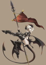 Rule 34 | 1girl, armor, banner, black panties, boots, breasts, brown eyes, demon girl, demon horns, demon tail, demon wings, greaves, highres, horns, ironlily, low wings, original, pale skin, panties, pointy ears, pole dancing, polearm, short hair, simple background, solo, spear, tail, thigh boots, thighhighs, underwear, vambraces, weapon, white hair, wings