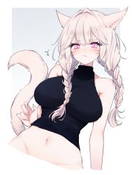Rule 34 | animal ears, blush, braid, breasts, cat ears, cat girl, cat tail, cropped torso, facial mark, final fantasy, final fantasy xiv, halterneck, highres, large breasts, long hair, looking at viewer, miqo&#039;te, navel, red eyes, sana (sanamaru 0w0), slit pupils, tail, twin braids, warrior of light (ff14), white hair