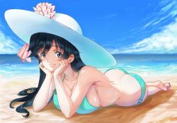 Rule 34 | 10s, 1girl, ass, beach, bikini, black hair, blue bikini, blue eyes, blue sky, blush, breasts, cleavage, closed mouth, collarbone, commentary request, day, eyes visible through hair, full-face blush, girls und panzer, hands on own cheeks, hands on own face, hat, highres, isuzu hana, large breasts, long hair, lying, makicha (sasurainopink), ocean, outdoors, shiny skin, sky, smile, solo, sun hat, swimsuit, water, wet