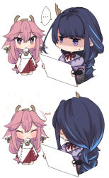 Rule 34 | ..., 2girls, animal ears, blue hair, blush, braid, chibi, closed eyes, commentary, earrings, english commentary, fox ears, fox girl, genshin impact, hair between eyes, highres, hinagi (fox priest), holding, holding paper, japanese clothes, jewelry, long hair, looking at another, looking at viewer, low-braided long hair, low-tied long hair, miko, mole, mole under eye, multiple girls, nodding, paper, pink hair, purple eyes, raiden shogun, shaded face, speech bubble, sweat, white background, yae miko