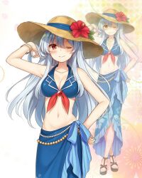 Rule 34 | 1girl, ;), bare arms, bikini, bikini top only, blue bikini, blue hair, blush, bracelet, breasts, brown eyes, cleavage, closed mouth, commentary request, crossed legs, floral print, flower, hair between eyes, hand on own hip, hand up, hat, hat flower, jewelry, kamishirasawa keine, long hair, looking at viewer, medium breasts, nail polish, navel, one eye closed, sarong, shiromikan, sidelocks, smile, standing, sun hat, swimsuit, toenail polish, toenails, touhou, zoom layer