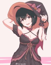 Rule 34 | 1girl, ahoge, armpits, arms up, bare shoulders, black dress, black hair, blush, breasts, brown eyes, cleavage, collarbone, detached sleeves, disco brando, dress, fangs, hair between eyes, hands up, hat, hat ribbon, highres, idolmaster, idolmaster cinderella girls, idolmaster cinderella girls starlight stage, jack-o&#039;-lantern, kohinata miho, looking at viewer, medium breasts, open mouth, ribbon, short hair, skull, smile, solo, twitter username, upper body, witch hat, wrist cuffs, wrist ribbon
