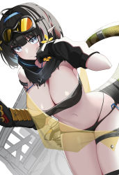 1girl, absurdres, ahoge, arknights, bangs, bikini, bikini bottom, black bikini, black gloves, black scarf, blue eyes, blue hairband, breasts, character request, elbow gloves, eunectes (arknights), eyebrows behind hair, gloves, goggles, goggles on head, hairband, highres, korean commentary, large breasts, leaning forward, looking at viewer, midriff, navel, ness (pjw0168), pointy ears, scarf, short hair, solo, strapless, swimsuit, tail, thigh strap, tubetop