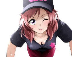 Rule 34 | 10s, 1girl, ;d, baseball cap, black hat, black shirt, blush, breasts, cleavage, collarbone, cowboy shot, downblouse, hanging breasts, hat, kirisaki reina, long hair, looking at viewer, love live!, love live! school idol project, medium breasts, nib pen (medium), nishikino maki, one eye closed, open mouth, pants, print shirt, purple eyes, red hair, red pants, shirt, short sleeves, simple background, smile, solo, star (symbol), star print, sweat, traditional media, view between breasts, wet, wet clothes, wet shirt, white background