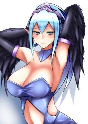 Rule 34 | 1girl, armlet, armpits, arms up, bare shoulders, black wings, blue eyes, blue hair, blush, breasts, cleavage, closed mouth, clothing cutout, commentary request, duel monster, feathered wings, half-closed eyes, harpie oracle, harpy, headpiece, large breasts, light blue hair, long hair, looking at viewer, midriff, monster girl, navel, ootori subaru, pointy ears, sagging breasts, solo, stomach cutout, tsurime, upper body, wavy mouth, wings, yu-gi-oh!