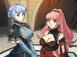 Rule 34 | 2girls, architecture, blue hair, braid, breasts, brick floor, brick wall, brown eyes, cleavage, closed mouth, corset, dress, earrings, female focus, fire emblem, fire emblem: three houses, fire emblem heroes, hair ornament, heart, heart hair ornament, highres, hilda valentine goneril, hoop earrings, interior, jewelry, kinkymation, large breasts, long hair, looking at viewer, marianne von edmund, matching hair/eyes, multiple girls, nintendo, open mouth, pink eyes, pink hair, ponytail, ringed eyes, strapless, strapless dress, timeskip, updo, upper body