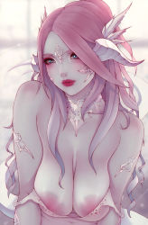 Rule 34 | 1girl, au ra, blue eyes, blurry, blurry background, breasts, cleavage, commentary, dragon horns, dragon tail, english commentary, eyeshadow, final fantasy, final fantasy xiv, gradient hair, hair ornament, horns, large areolae, lips, long hair, looking at viewer, makeup, medium breasts, multicolored hair, off shoulder, pink hair, plexi, sagging breasts, scales, solo, soranamae, tail, upper body, veins, veiny breasts