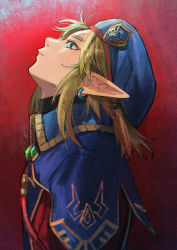 Rule 34 | 1boy, absurdres, beret, blonde hair, blue eyes, blue hat, blue jacket, earrings, facing up, hat, highres, jacket, jewelry, link, looking up, low ponytail, male focus, medium hair, military, military uniform, nintendo, parted bangs, pointy ears, red background, short ponytail, sidelocks, solo, the legend of zelda, the legend of zelda: breath of the wild, uniform, upper body, yurian (user utch8788)