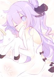 Rule 34 | 1girl, azur lane, bare shoulders, black bow, black ribbon, blush, bow, covering own mouth, dated, detached sleeves, dress, fukunoki tokuwa, hair between eyes, hair bun, hair ribbon, highres, hugging object, long sleeves, one eye closed, one side up, purple eyes, purple hair, ribbon, side bun, single hair bun, single side bun, solo, stuffed animal, stuffed toy, stuffed winged unicorn, twitter username, unicorn (azur lane), white dress, white sleeves