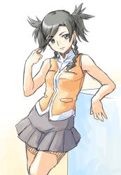Rule 34 | 00s, 1girl, arm support, black hair, blouse, braid, brown hair, chun mei, green eyes, leaning, looking at viewer, minato fumi, my-hime, my-otome, pocket, school uniform, shirt, short hair, simple background, skirt, sleeveless, sleeveless shirt, smile, solo, standing, thighhighs, twin braids, vest, white background, white shirt