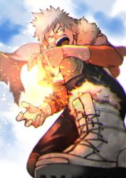 Rule 34 | 1boy, alternate costume, arm on knee, arm tattoo, bakugou katsuki, black legwear, blonde hair, boku no hero academia, boots, cape, cloud, commentary request, day, detached sleeves, earrings, evil grin, evil smile, foot out of frame, from below, fur-trimmed boots, fur trim, grin, highres, jewelry, knees, light, looking at viewer, looking down, male focus, open mouth, outdoors, pants, red eyes, short sleeves, sky, smile, solo, spiked hair, tattoo, teeth, tongue, upper teeth only, v-shaped eyebrows, white footwear, yoshio (55level)