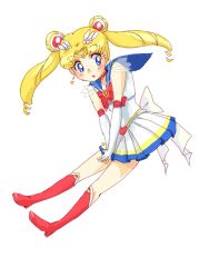 Rule 34 | 1990s (style), 1girl, azuma yukihiko, bishoujo senshi sailor moon, bishoujo senshi sailor moon supers, blonde hair, blue eyes, blue sailor collar, boots, bow, brooch, bun cover, double bun, earrings, full body, hair bun, hair ornament, hairclip, heart, heart brooch, jewelry, multicolored clothes, multicolored skirt, red bow, retro artstyle, sailor collar, sailor moon, skirt, solo, super sailor moon, tsukino usagi, twintails