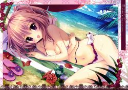 Rule 34 | 1girl, :d, absurdres, bare shoulders, beach, bikini, blush, breasts, cleavage, cloud, cloudy sky, day, flower, glint, hair ribbon, hibiscus, highres, leg up, lying, medium breasts, navel, ocean, on side, one side up, open mouth, outdoors, petals, pink hair, purple eyes, ribbon, sandals, unworn sandals, scan, shiny skin, shiramori yuse, sky, smile, solo, sparkle, strap gap, swimsuit, untied bikini, wet, white bikini