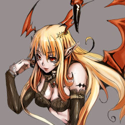 Rule 34 | 1girl, bare shoulders, breasts, cleavage, demon girl, elbow gloves, female focus, gloves, hibi gakeppuchi, long hair, lord of vermilion, midriff, open mouth, orange hair, pointy ears, red eyes, simple background, single wing, solo, succubus (lord of vermilion), upper body, wings
