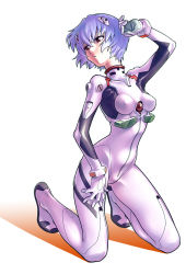 Rule 34 | 1girl, arm up, ayanami rei, blue hair, bodysuit, bracer, breasts, covered erect nipples, full body, gloves, hair between eyes, hair ornament, hand on own thigh, headgear, highres, interface headset, itsuki (otsugei), kneeling, looking at viewer, looking to the side, neon genesis evangelion, parted lips, pilot suit, plugsuit, rebuild of evangelion, red eyes, short hair, simple background, small breasts, solo, turtleneck, white background, zipper