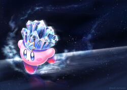 Rule 34 | :o, arms up, artist name, blue eyes, blush, blush stickers, breath weapon, breathing ice, cold, commentary request, crown, crystal, dark background, full body, highres, ice, ice crystal, ice kirby, kirby, kirby (series), kumaoka pon, looking at viewer, nintendo, no humans, open mouth, skating, standing, twitter username