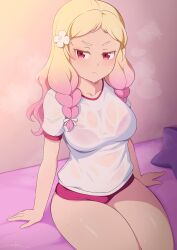 Rule 34 | 1girl, :&lt;, arms at sides, artist name, bed, blonde hair, blush, bra, bra visible through clothes, braid, breasts, buruma, closed mouth, collarbone, commentary request, cowboy shot, flower, gradient hair, gym shirt, gym uniform, hair flower, hair ornament, highres, indoors, long hair, looking at viewer, love live!, love live! superstar!!, low twin braids, medium breasts, multicolored hair, on bed, onitsuka natsumi, parted bangs, pink bra, pink buruma, pink eyes, pink hair, see-through, shirt, short sleeves, signature, sitting, solo, star-shaped pillow, steaming body, sweat, twin braids, two-tone hair, underwear, unsfrau, v-shaped eyebrows, wavy hair, wet, wet clothes, wet shirt, white flower, white shirt