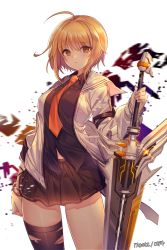 Rule 34 | 1girl, arm at side, artist name, asymmetrical legwear, black shirt, black thighhighs, blonde hair, blush, breasts, brown eyes, closed mouth, haru estia, highres, holding, holding weapon, jacket, looking at viewer, maett, medium breasts, miniskirt, necktie, open clothes, open jacket, pleated skirt, school uniform, shirt, short hair, skirt, solo, soulworker, thighhighs, uneven legwear, uniform, weapon