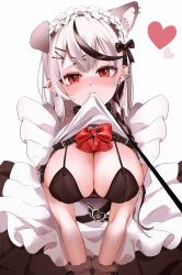 Rule 34 | 1girl, alternate costume, animal ear fluff, apron, aya02ka, black hair, blush, bow, bra, breasts, cleavage, clothes lift, collar, dress, enmaided, frills, gloves, grey hair, hair ornament, highres, hololive, large breasts, leash, lifted by self, looking at viewer, maid, maid apron, maid headdress, multicolored hair, puffy sleeves, red eyes, sakamata chloe, solo, spiked collar, spikes, streaked hair, underwear, viewer holding leash, virtual youtuber, x hair ornament