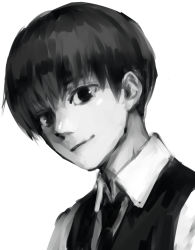 Rule 34 | 1boy, closed mouth, collared shirt, grey background, greyscale, kaneki ken, looking at viewer, male focus, monochrome, official alternate costume, portrait, shiromi (ringo), shirt, short hair, simple background, solo, tokyo ghoul, vest, waiter