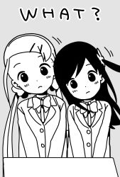 2girls, alternate hairstyle, bangs, blazer, blush, bow, bowtie, buttons, closed mouth, collared shirt, commentary request, dot nose, english text, flower, grey background, greyscale, hair flower, hair ornament, hair scrunchie, hairclip, head tilt, highres, hitori bocchi, hitoribocchi no marumaru seikatsu, jacket, katsuwo (cr66g), long hair, long sleeves, looking at viewer, monochrome, motion lines, multiple girls, school uniform, scrunchie, shirt, side ponytail, simple background, sotoka rakita, twintails, upper body, very long hair