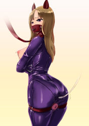 Rule 34 | anal, anal object insertion, ass, bdsm, blonde hair, bodysuit, bondage, boots, bound, breasts, cococat, collar, copyright request, gagged, highres, latex, muzzle gag, object insertion, purple eyes, strap, tagme, thigh boots, thighhighs
