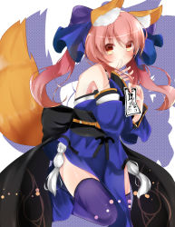 Rule 34 | 10s, 1girl, animal ears, blue thighhighs, blush, bow, breasts, chieezuik, cleavage, detached sleeves, fate/extra, fate/grand order, fate (series), fox ears, fox tail, hair bow, hair ribbon, japanese clothes, pink hair, ribbon, solo, tail, talisman, tamamo no mae (fate/extra), thighhighs, yellow eyes