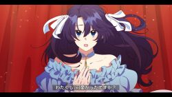 Rule 34 | 1boy, blue dress, blue eyes, blue hair, crossdressing, dark blue hair, detached collar, dress, fate/grand order, fate (series), frills, fujimaru ritsuka (male), hair ribbon, hand on own chest, highres, letterboxed, light particles, long hair, looking at viewer, male focus, mura saki00, off-shoulder dress, off shoulder, open mouth, red background, red curtains, ribbon, solo, subtitled, teeth, translation request, upper body, upper teeth only, white ribbon