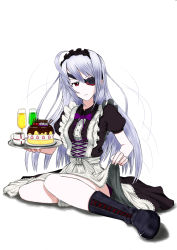 Rule 34 | 10s, 1girl, apron, boots, cake, dress, drink, eyepatch, female focus, food, full body, gradient background, grey hair, headdress, highres, infinite stratos, laura bodewig, long hair, maid, maid apron, red eyes, ribbon, simple background, sitting, solo, tray, white background