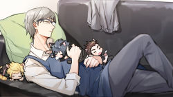 Rule 34 | 4boys, animal ears, apron, black hair, cat, cat ears, cat tail, couch, final fantasy, final fantasy xv, gladiolus amicitia, glasses, hair down, ignis scientia, kemonomimi mode, kitten, male focus, mintgreen0913, multiple boys, noctis lucis caelum, nose bubble, pillow, prompto argentum, sleeping, tail
