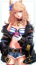 Rule 34 | 1girl, animal ears, bandeau, belt, black belt, black choker, blonde hair, blue eyes, border, bow, breasts, cellphone, chain, choker, cleavage, collarbone, commentary request, cowboy shot, cutoffs, dededeteiu, denim, denim shorts, ear bow, ear ornament, gloves, gold chain, gold city (umamusume), green border, hand in pocket, highres, holding, holding phone, horse ears, horse girl, horse tail, jacket, long hair, long sleeves, looking at viewer, medium breasts, midriff, navel, off shoulder, open clothes, open jacket, open mouth, phone, shorts, simple background, single bare shoulder, skindentation, smartphone, solo, standing, striped bandeau, swept bangs, tail, teeth, thigh strap, umamusume, upper teeth only, white background, white gloves, zipper