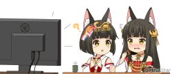 Rule 34 | 2girls, :o, ?, animal ear fluff, animal ears, azur lane, bare shoulders, black hair, blush stickers, brown eyes, closed mouth, collarbone, commentary request, cup, detached sleeves, dress, flat screen tv, flying sweatdrops, food, food on face, fox ears, hair ornament, headpiece, holding, holding food, japanese clothes, kimono, long hair, long sleeves, looking at another, looking away, looking to the side, mitya, multiple girls, mutsu (azur lane), nagato (azur lane), open mouth, parted lips, red dress, red ribbon, ribbon, senbei, short hair, simple background, sleeveless, sleeveless kimono, strapless, strapless dress, television, twitter username, upper body, watching television, wavy mouth, white background, white kimono, white sleeves, wide sleeves, yunomi
