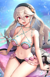 Rule 34 | 1girl, :d, absurdres, arm support, bare arms, bare shoulders, black hairband, blush, breasts, cleavage, corrin (female) (fire emblem), corrin (fire emblem), cowboy shot, fire emblem, fire emblem cipher, fire emblem fates, gonzarez, grey hair, hair between eyes, hairband, highres, large breasts, long hair, looking at viewer, navel, nintendo, official alternate costume, open mouth, red eyes, shell, shell bikini, sitting, smile, solo, stomach, thighs, very long hair